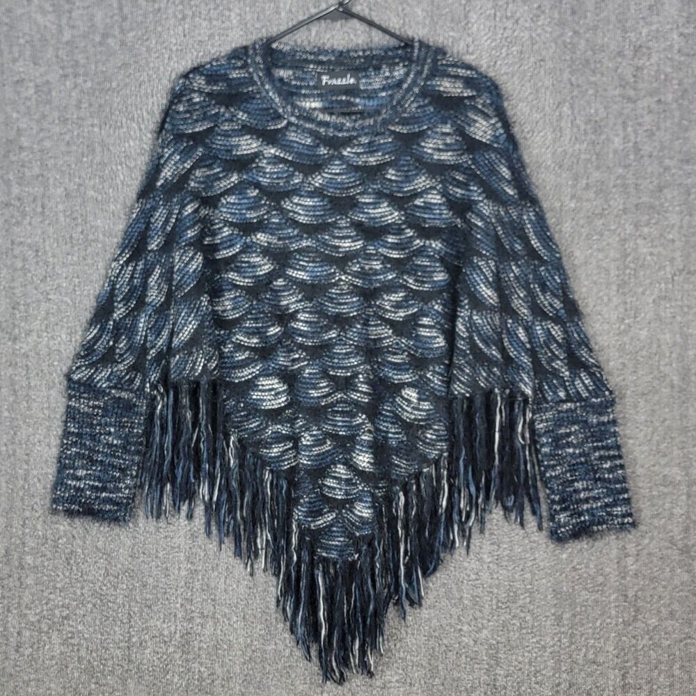 Frazzle Poncho Sweater Womens One Size Blue Black Fringed Knit Boho Pullover